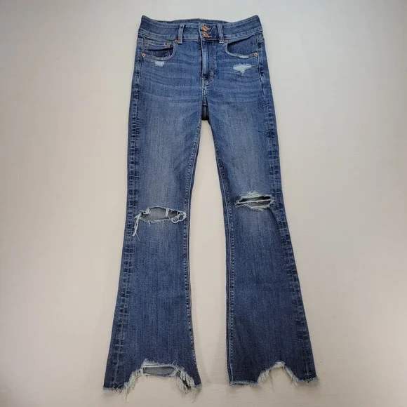 American Eagle Jeans Womens 4 Short Artist Flare High Rise Ripped Raw Hem Denim - Picture 1 of 11